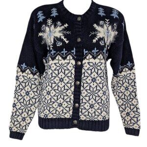VTG Winter Snowflakes Hand Embroidered Metal Button Up Fair Isle Sweater